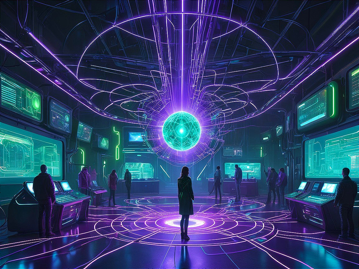 Futuristic control room with neon lights and holograms
