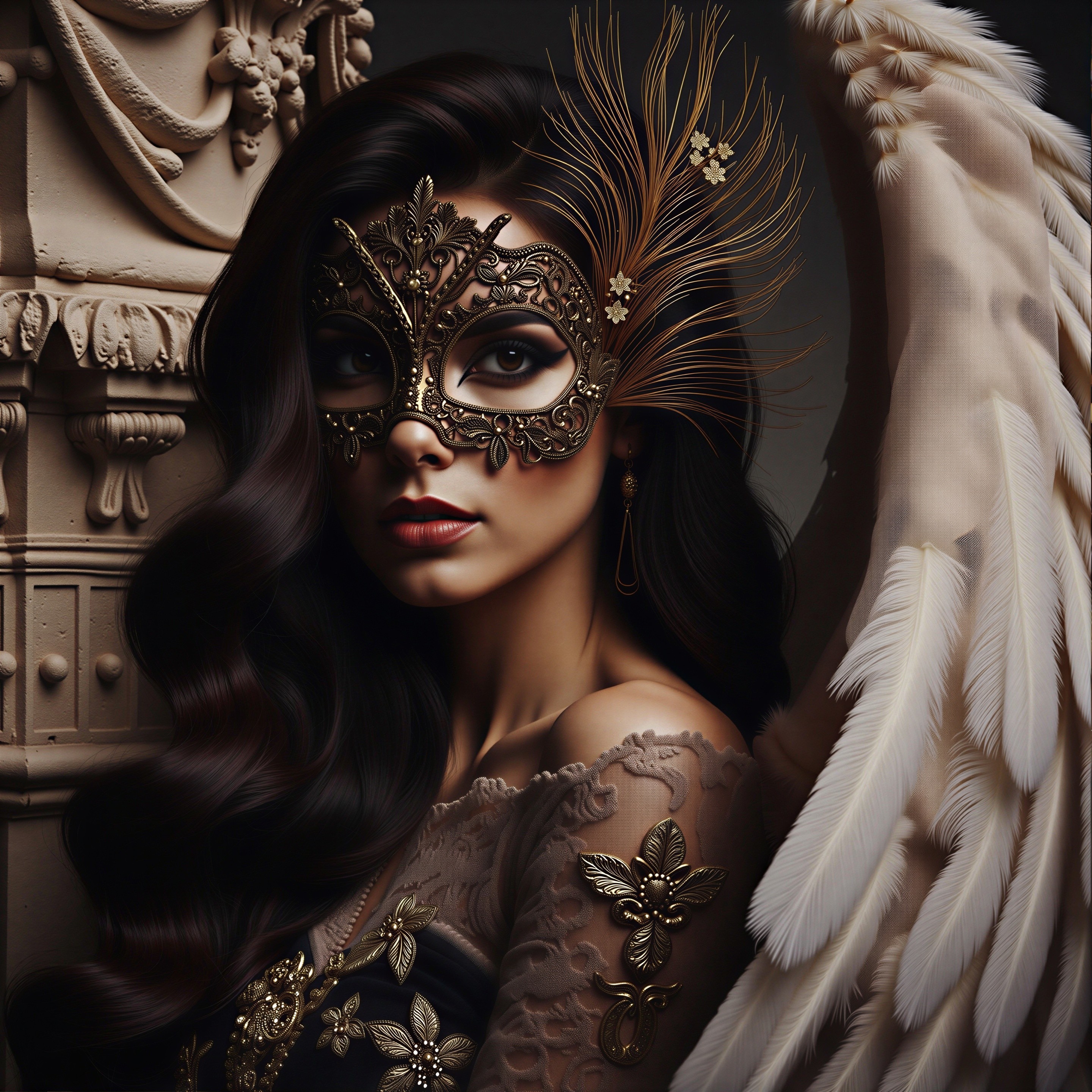 Elegant woman in gown with gold mask and wings