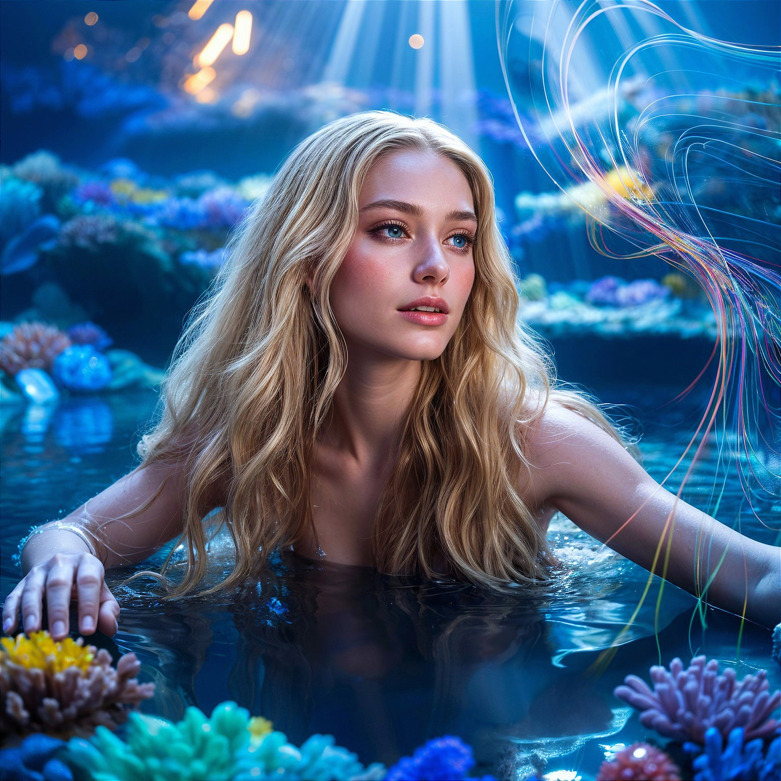 Underwater Scene with a Young Woman and Coral Reef