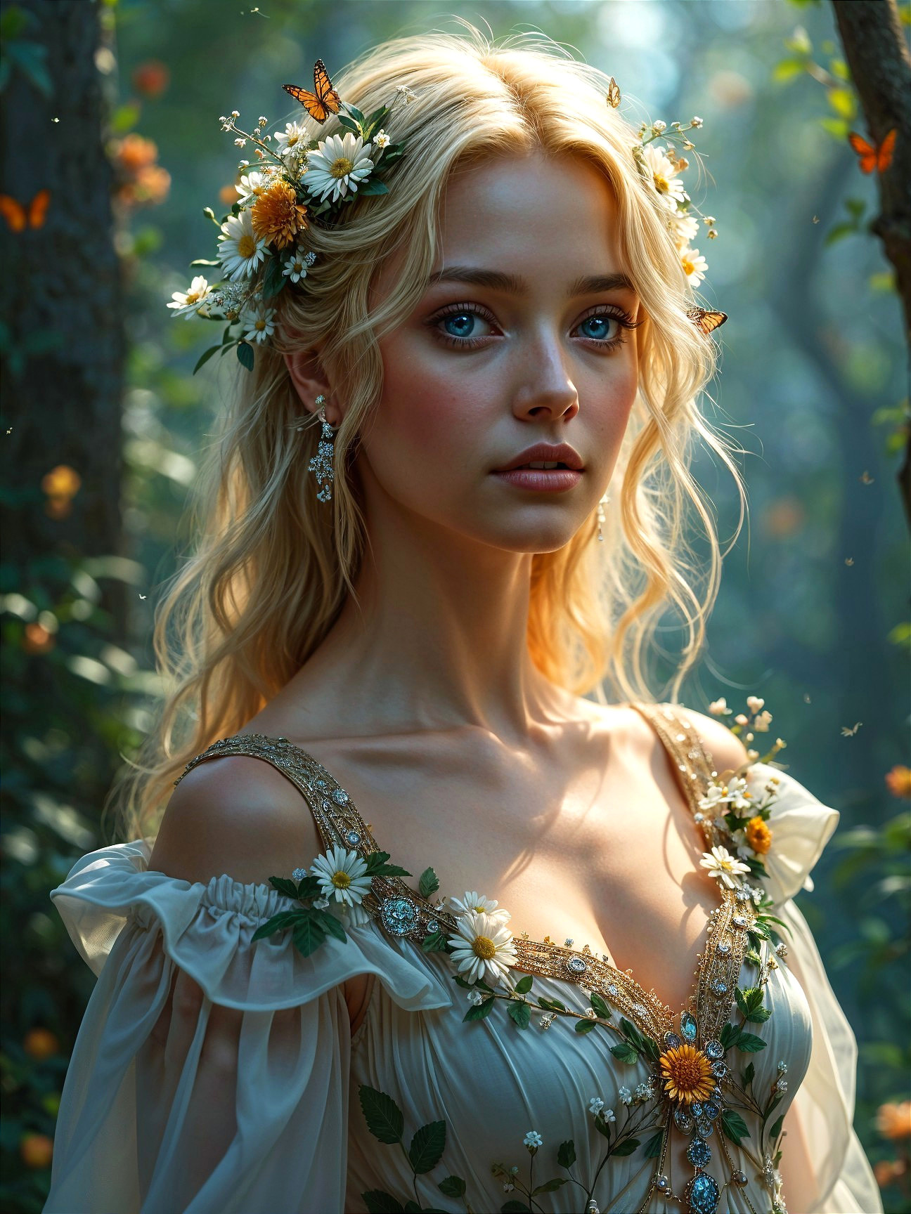Young woman in ethereal gown in sun-dappled forest