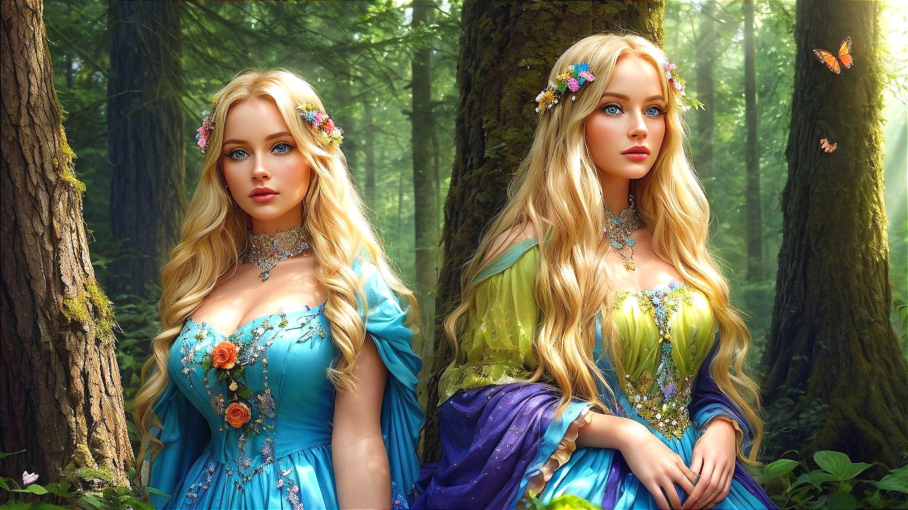 Princesses in a Sunlit Forest with Floral Gowns