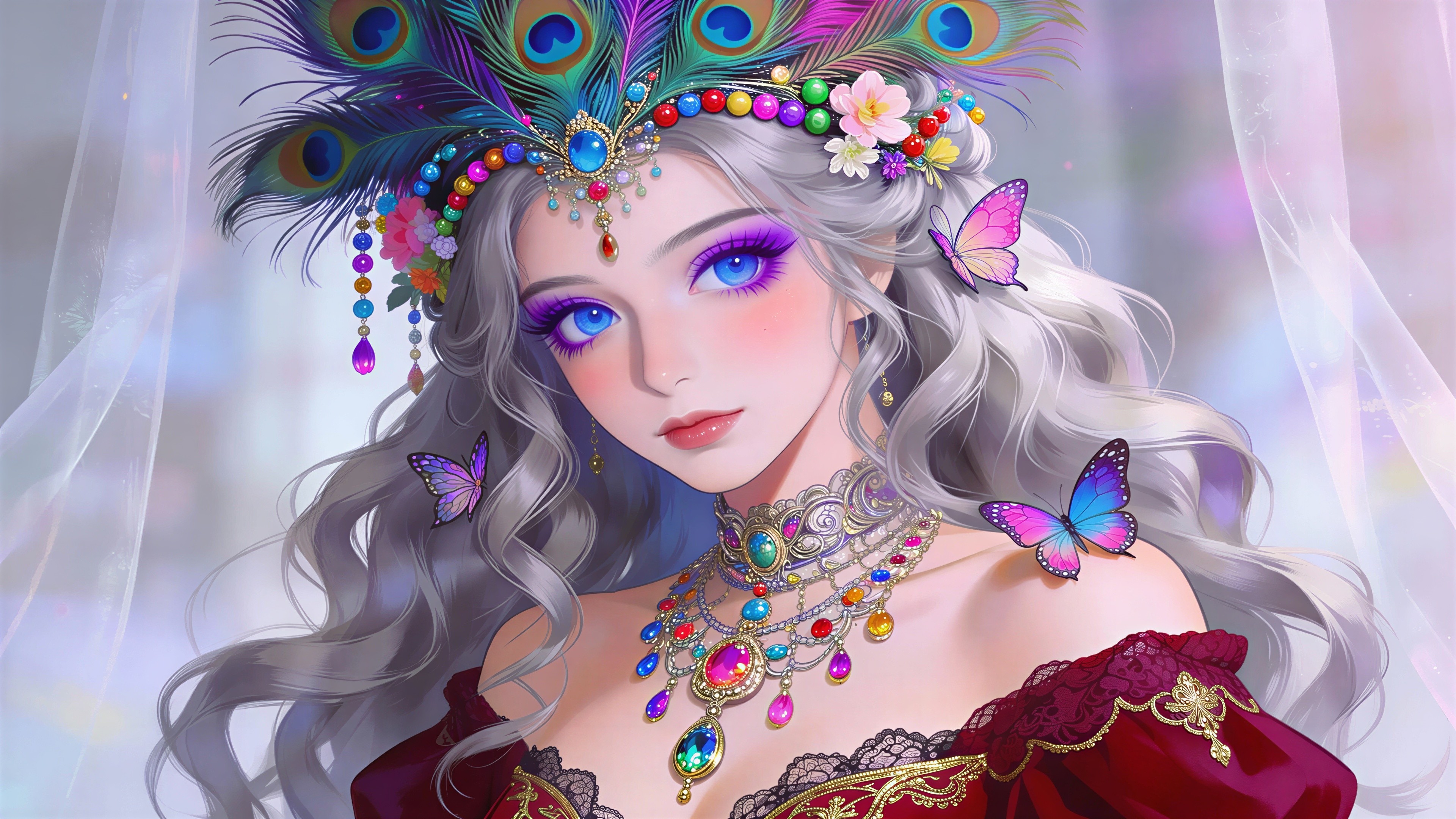 Digital Painting of Anime Woman with Peacock Feather Headpiece