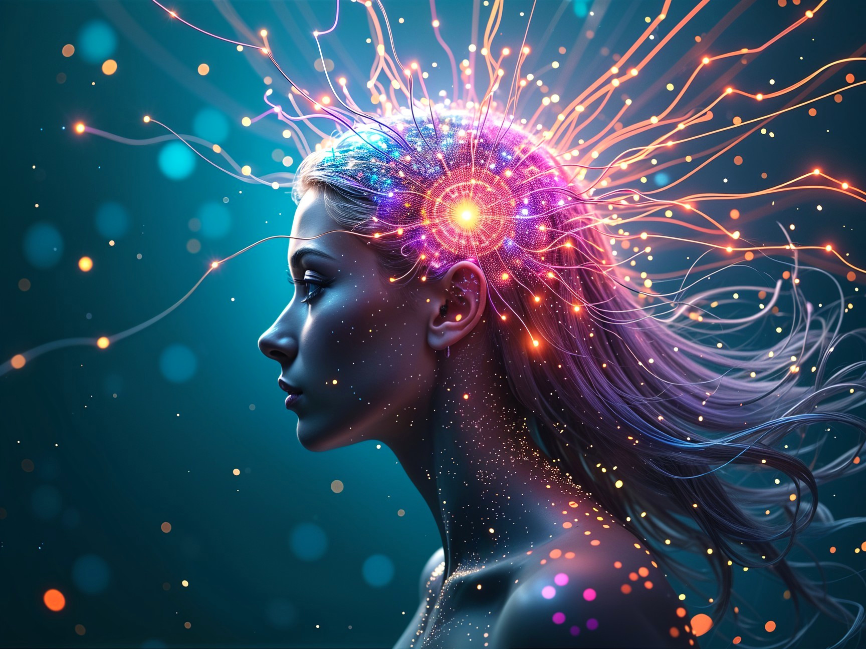 Profile of a Woman with Neural Connections and Lights