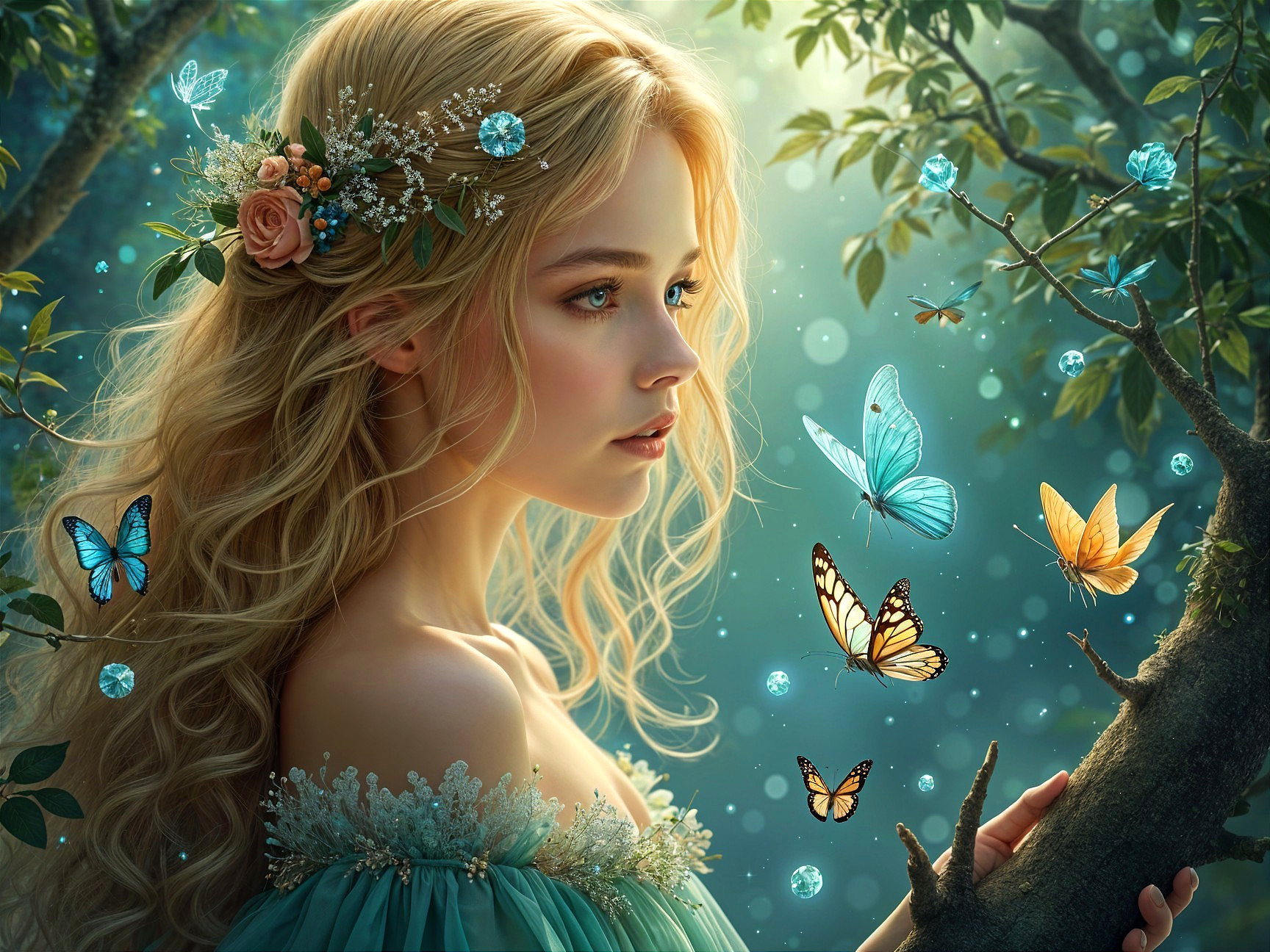 Fairy-tale Scene with Woman, Butterflies, and Gems