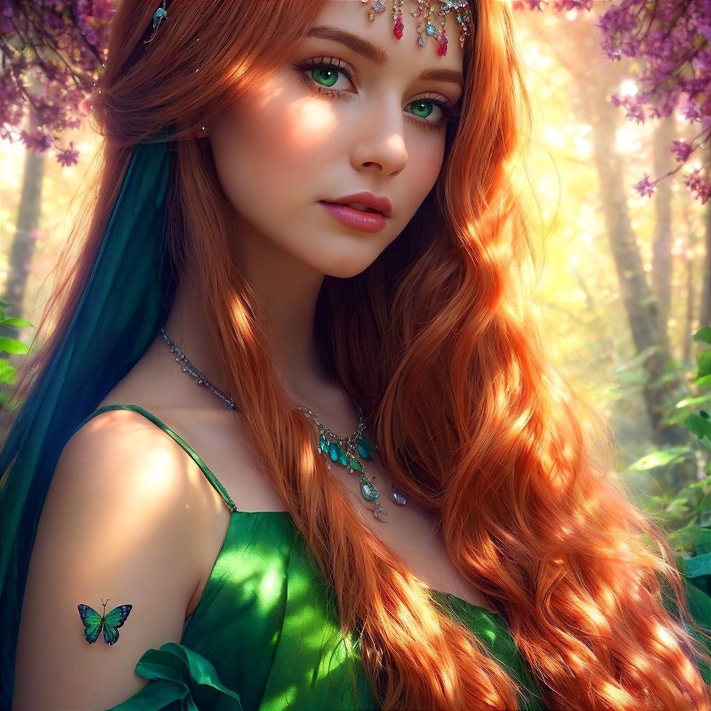 Young woman in green dress in sunlit flower forest
