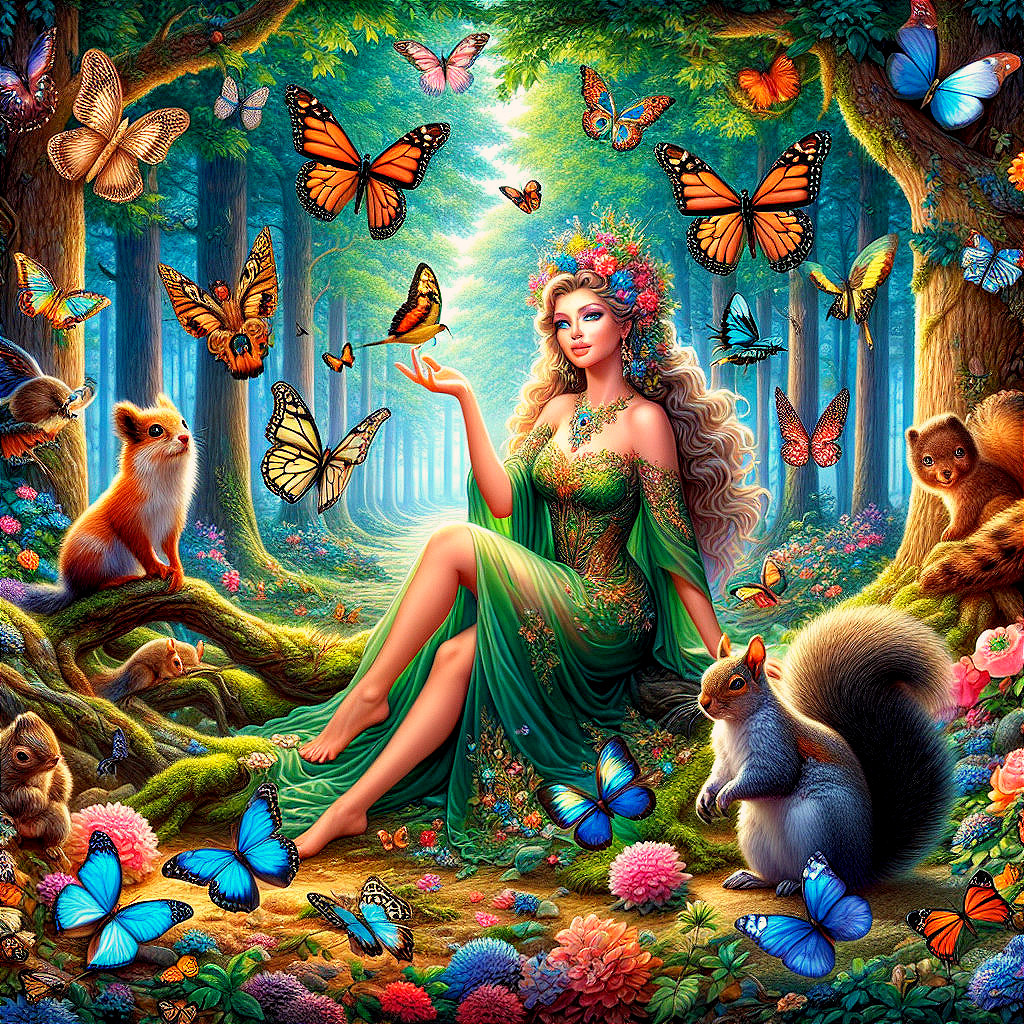 Graceful Woman in Green Gown Among Enchanted Wildlife