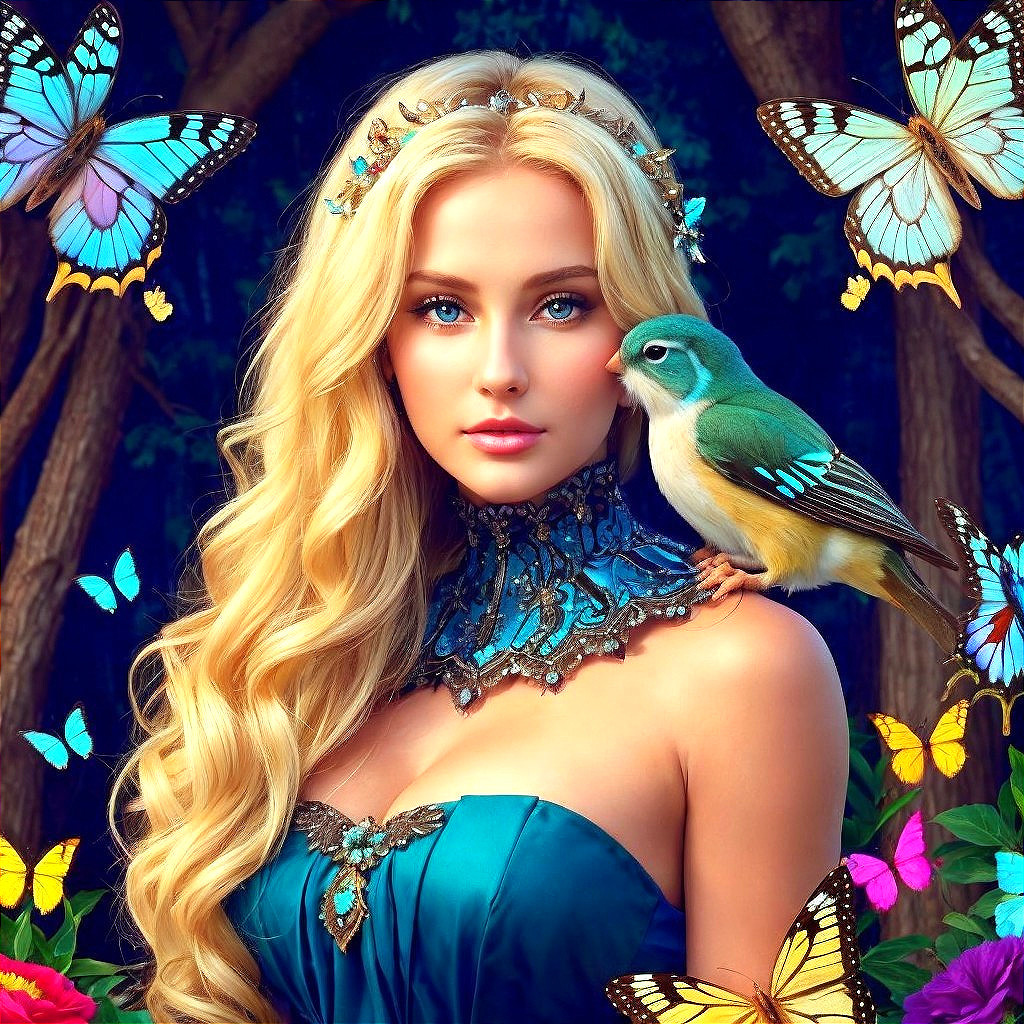 Young woman in teal gown with butterflies and bird