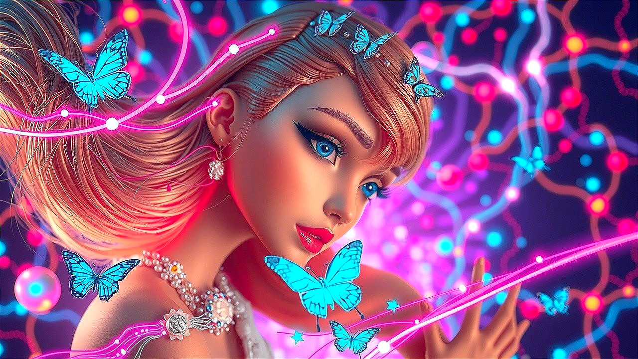 Glamorous Woman Portrait with Butterflies and Abstract Background
