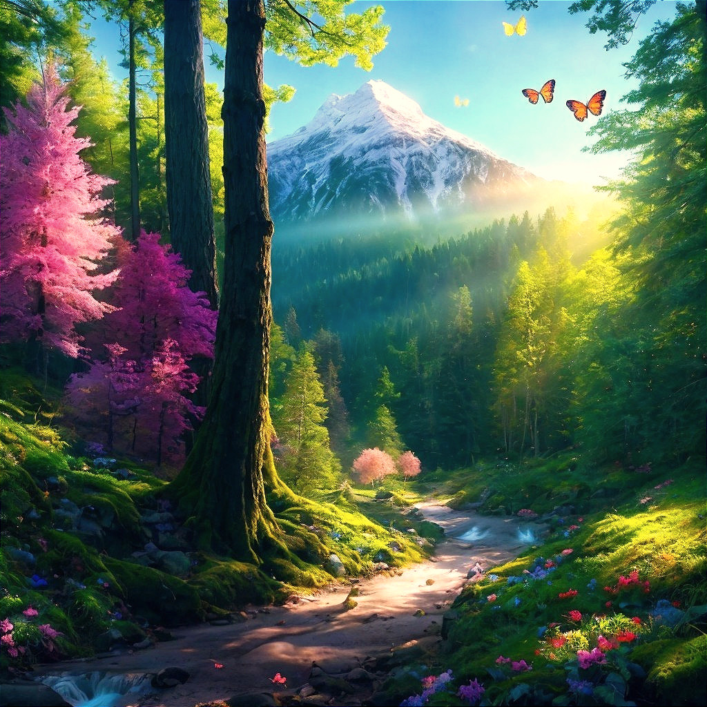 Serene forest landscape with vibrant trees and stream