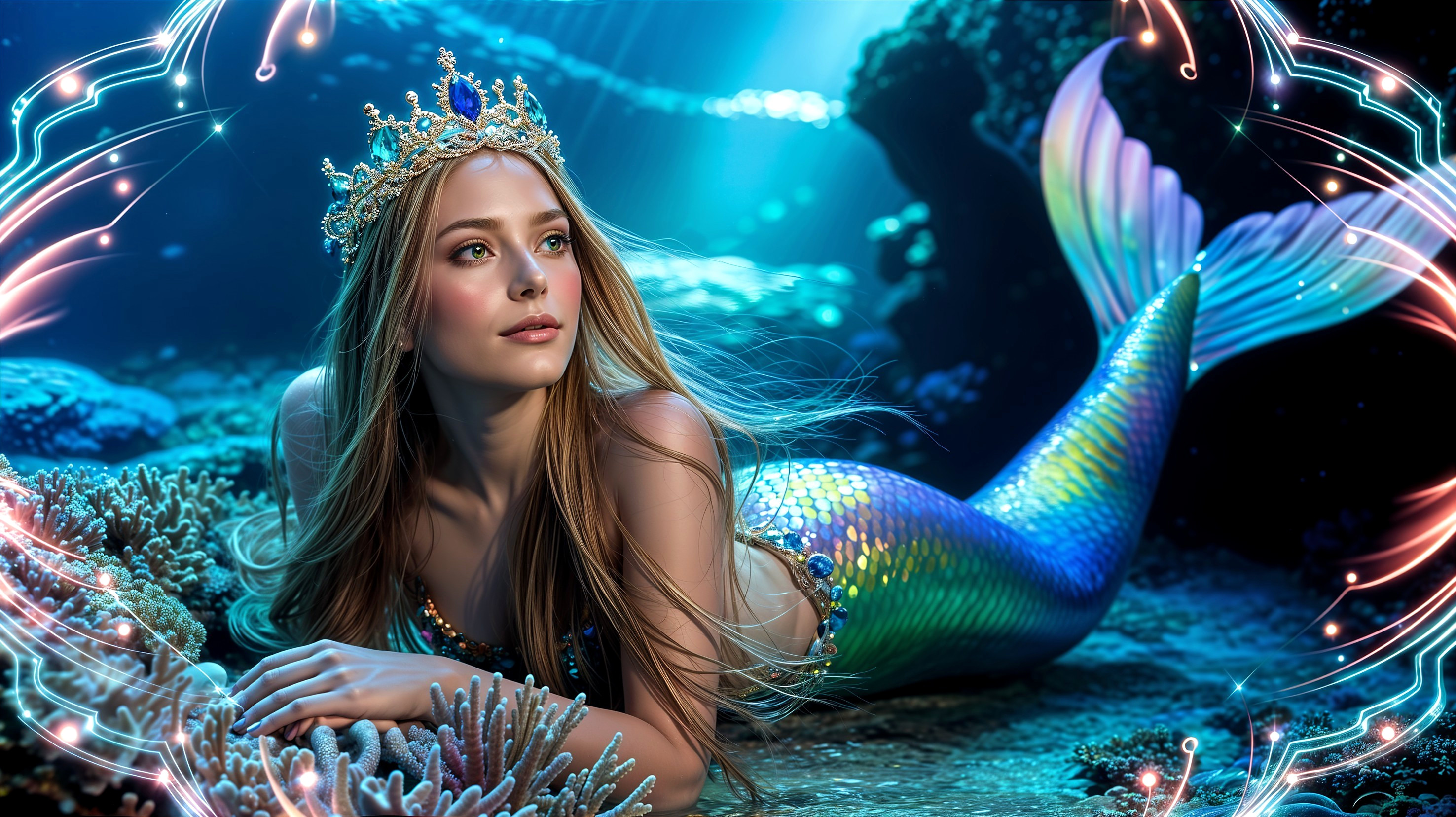 Mermaid among Coral Reefs with Ethereal Light