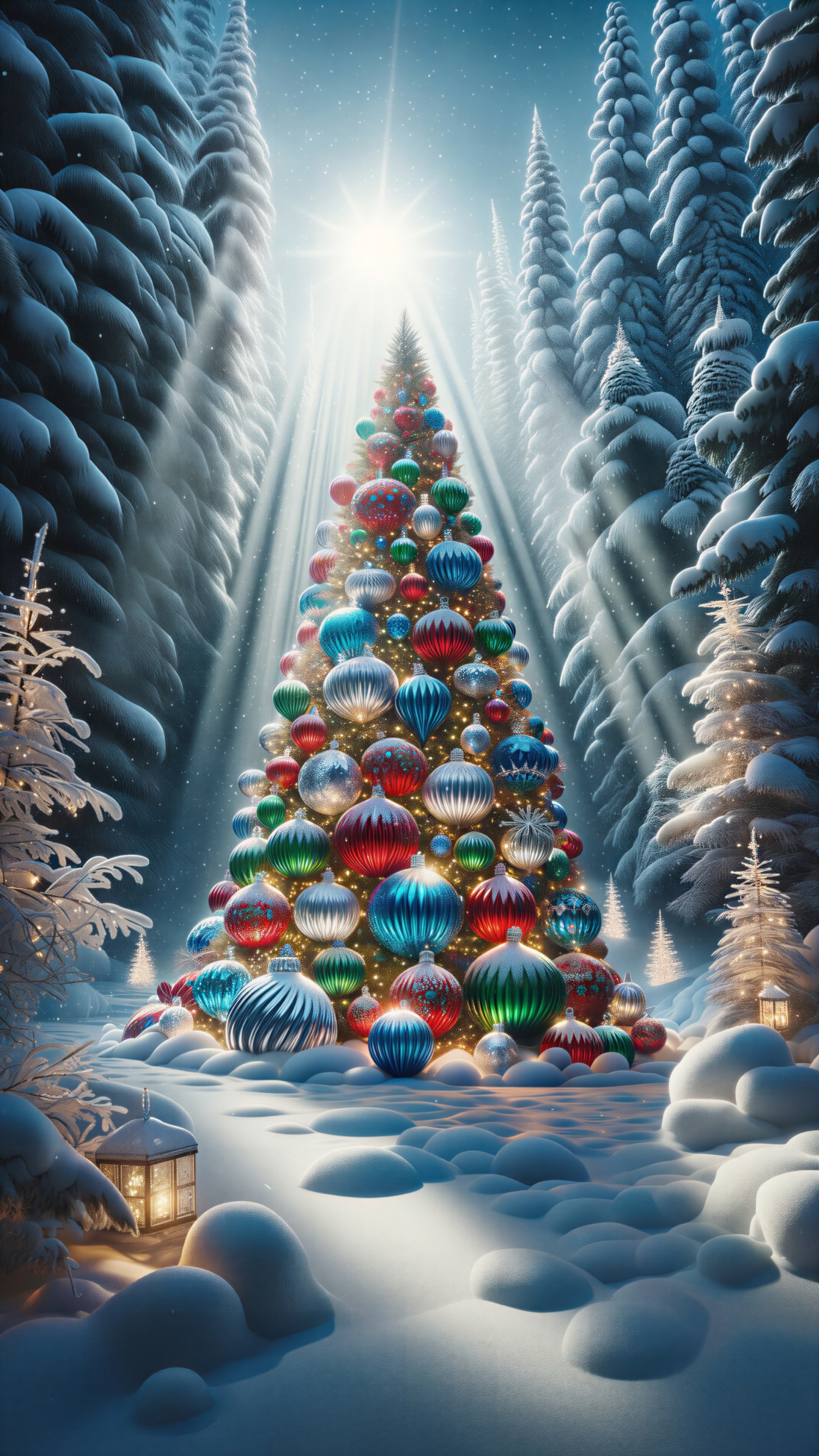 Vibrant Christmas Tree in Snowy Forest Setting