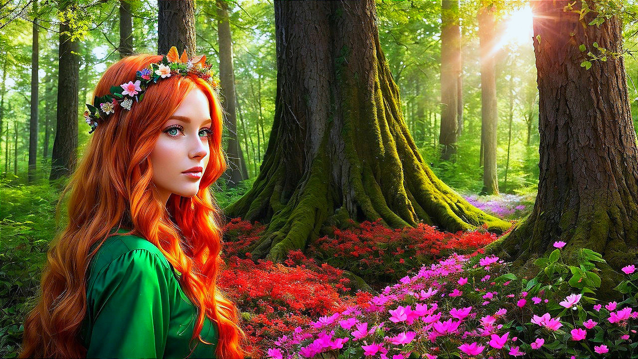 Young woman in green dress in vibrant forest setting