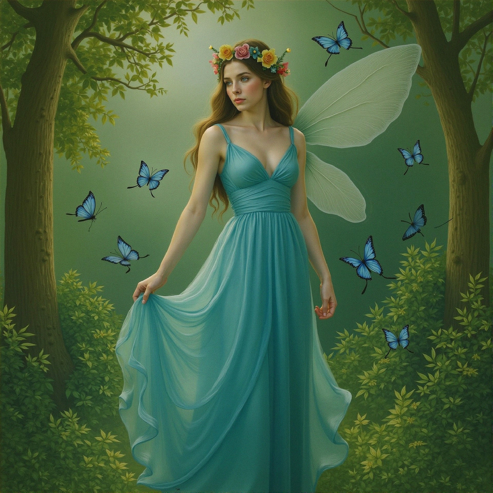 Fairy in Lush Forest with Butterfly Wings and Gown