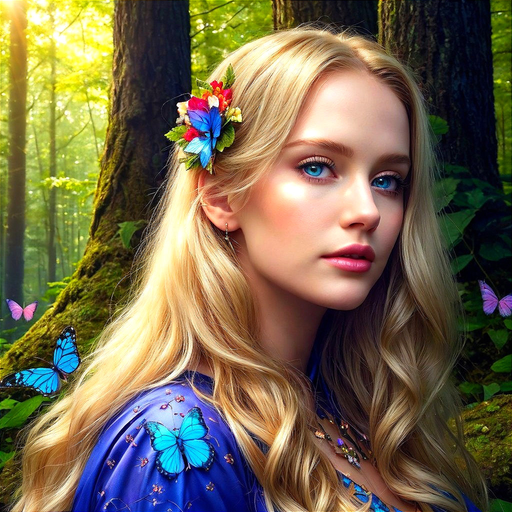 Serene Forest Scene with Young Woman in Blue Dress