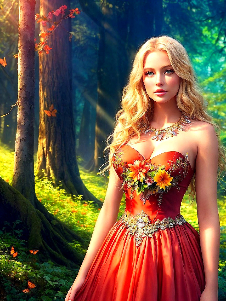 Woman in Red Gown in Sunlit Forest with Butterflies