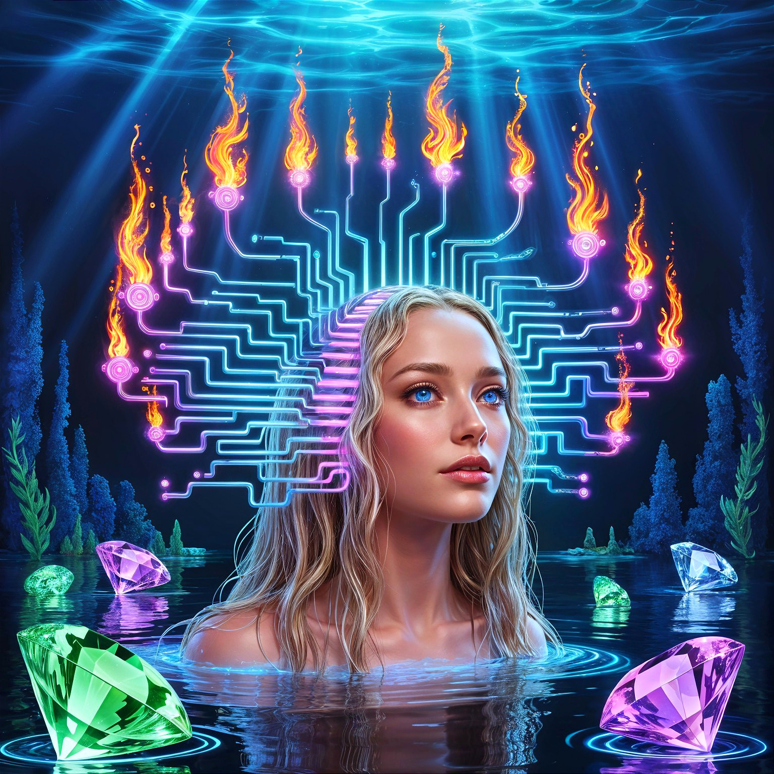 Serene woman in tranquil waters with glowing jewels