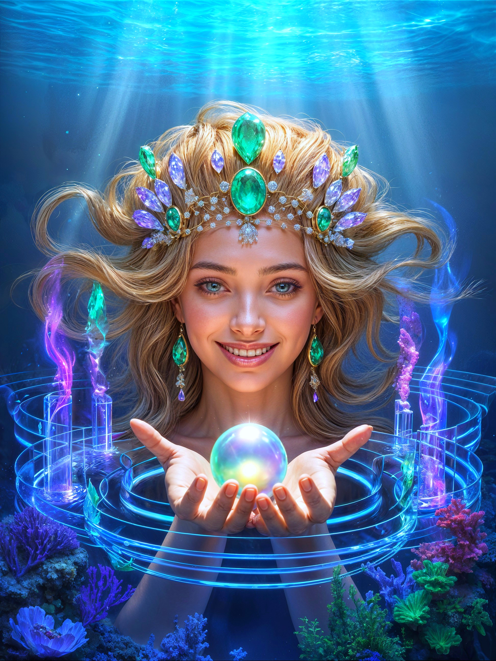 Magical Underwater Scene with Radiant Young Woman