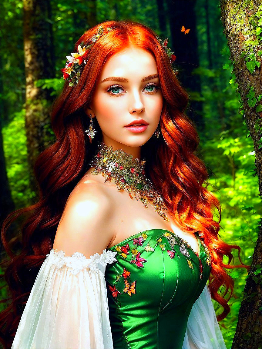 Young woman in green gown in vibrant forest setting