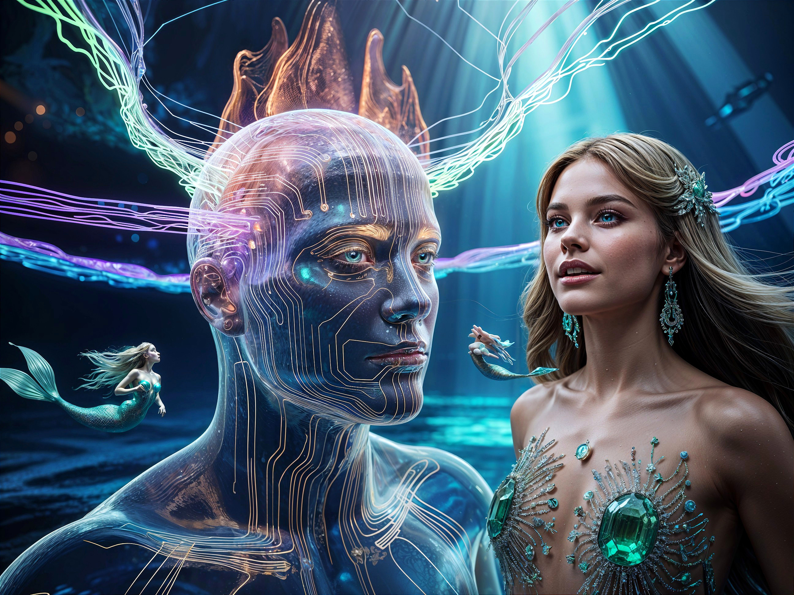 Underwater Scene with Humanoid Figure and Mermaids