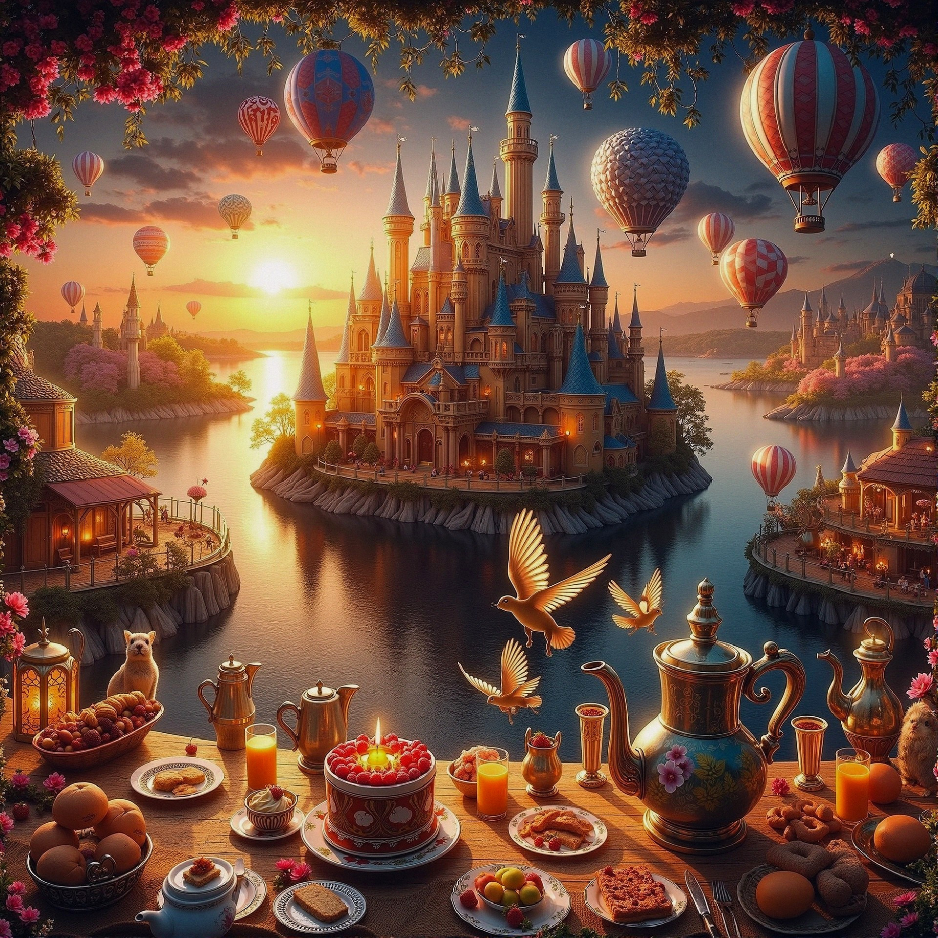 Majestic Castle on an Island at Sunset with Balloons
