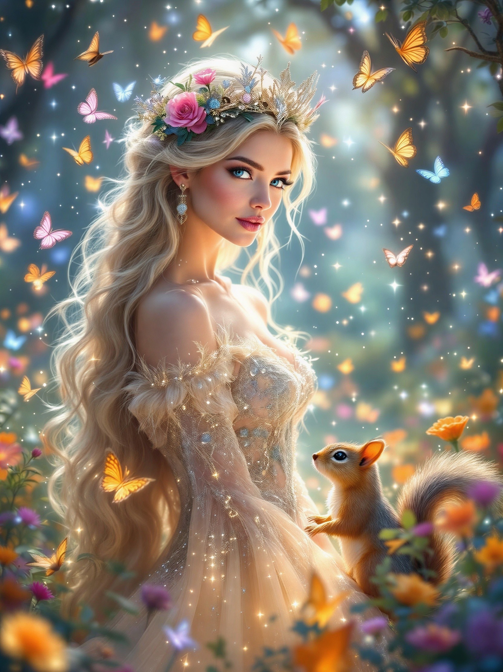 Mystical forest scene with a woman and butterflies