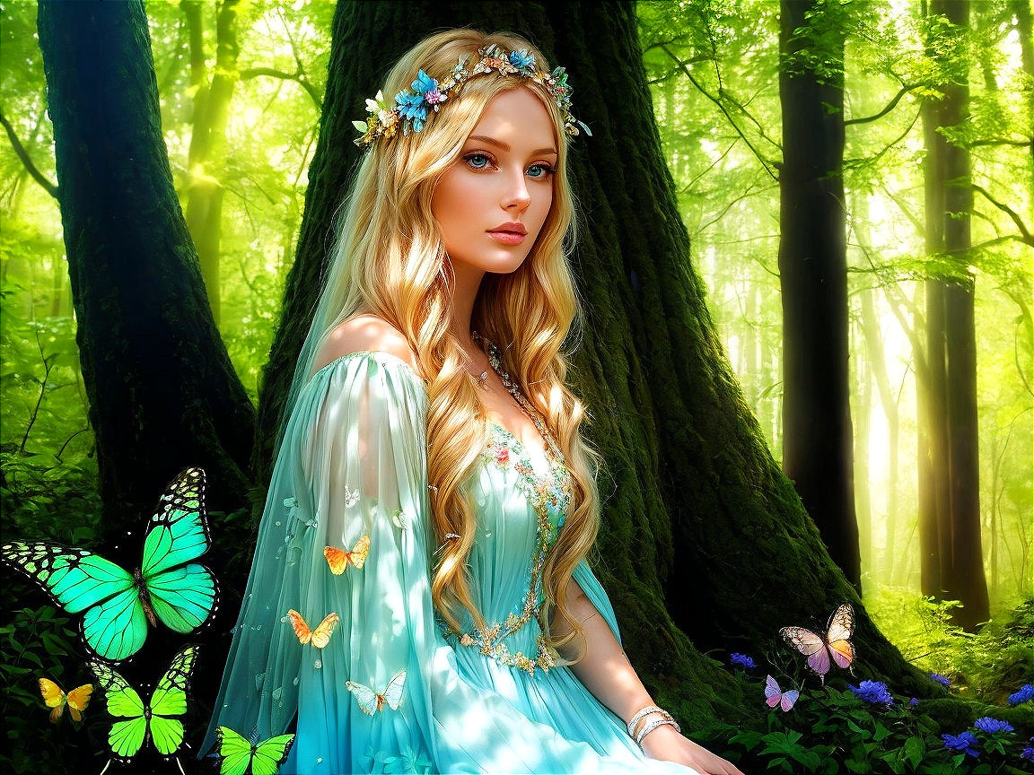 Fairy figure in a lush forest with butterflies and light
