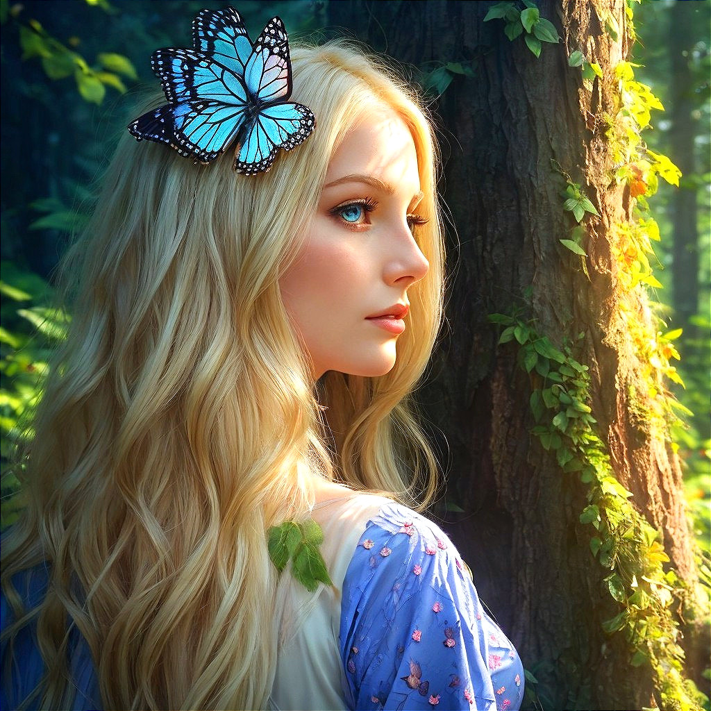 Young Woman in Blue Dress Surrounded by Forest Beauty