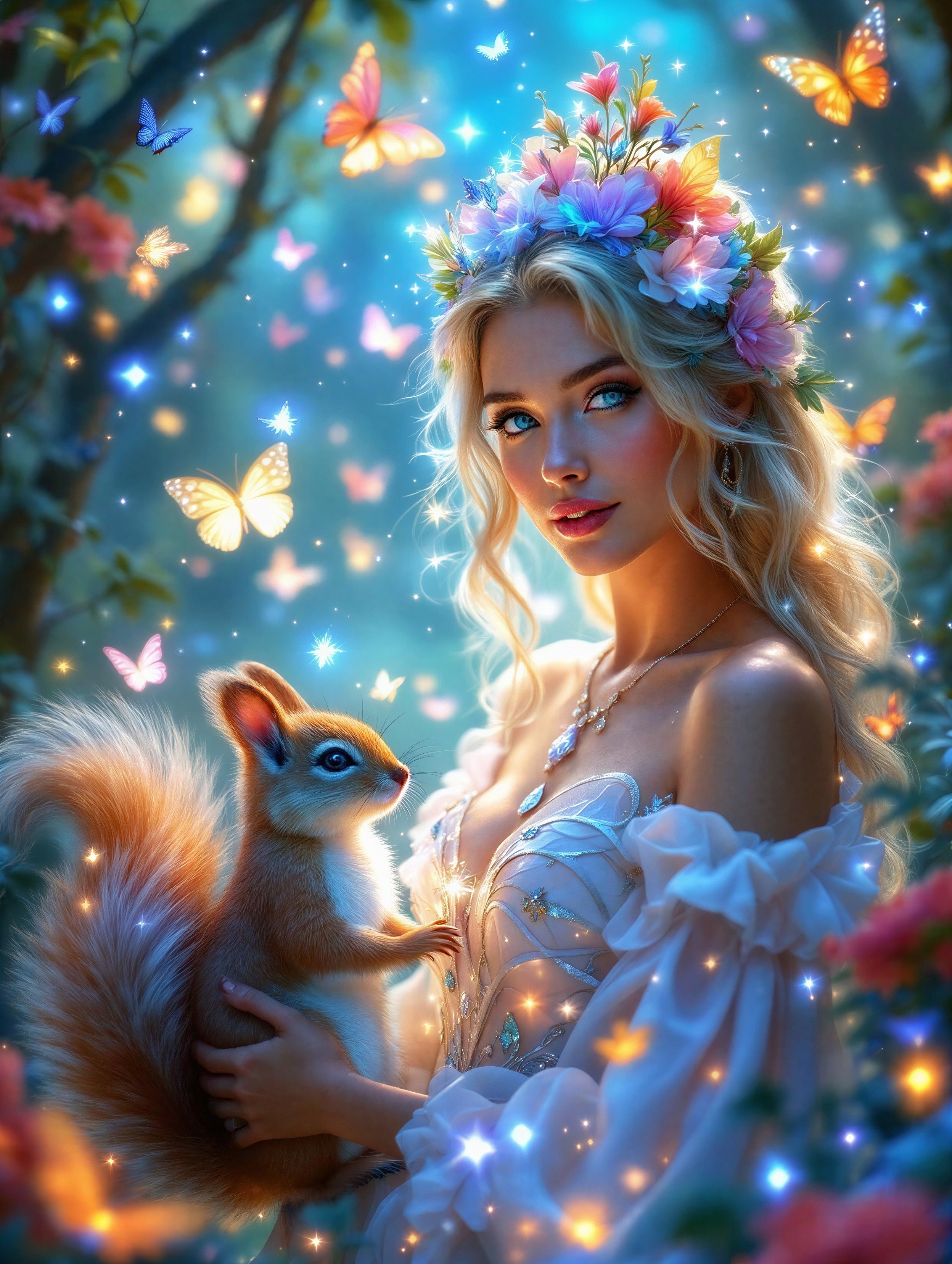 Magical forest scene with butterflies and floral crown