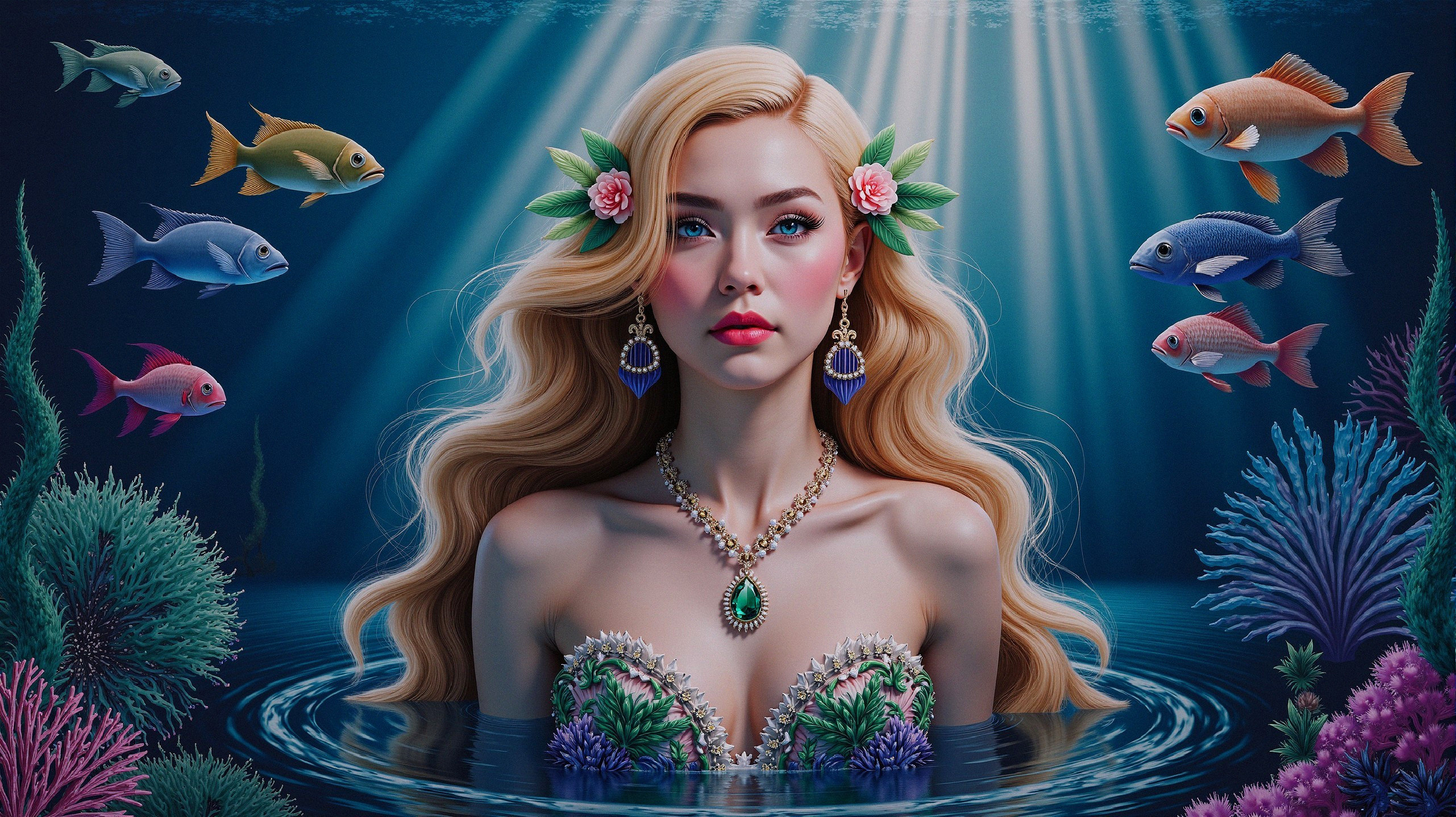 Mermaid with Blonde Hair in Colorful Underwater Scene