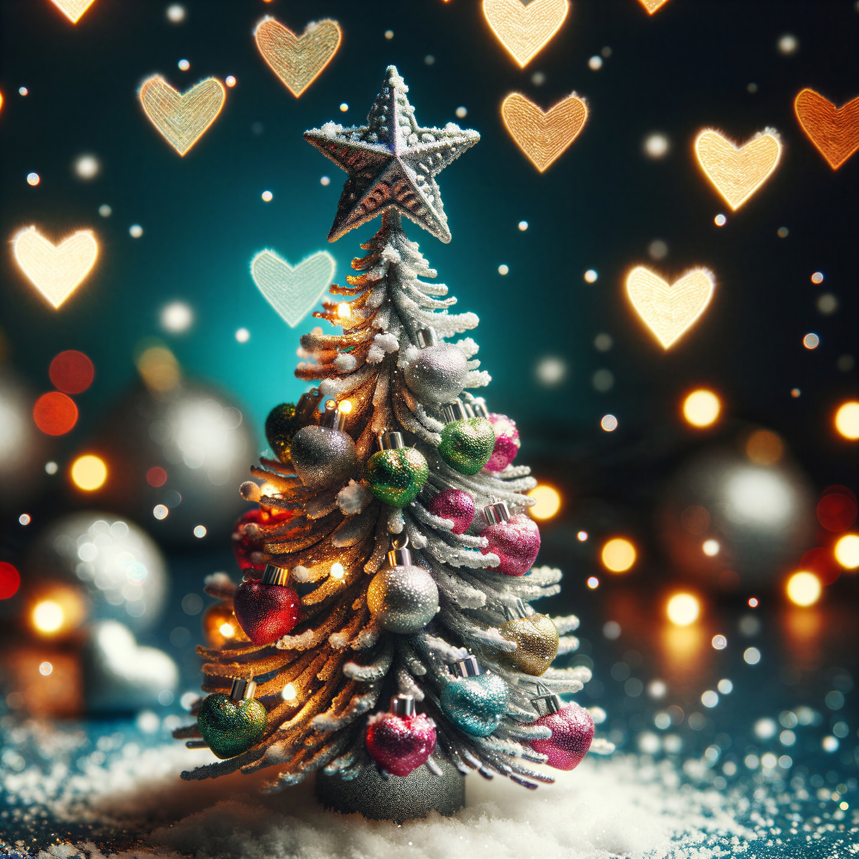 Miniature White Christmas Tree with Heart Ornaments