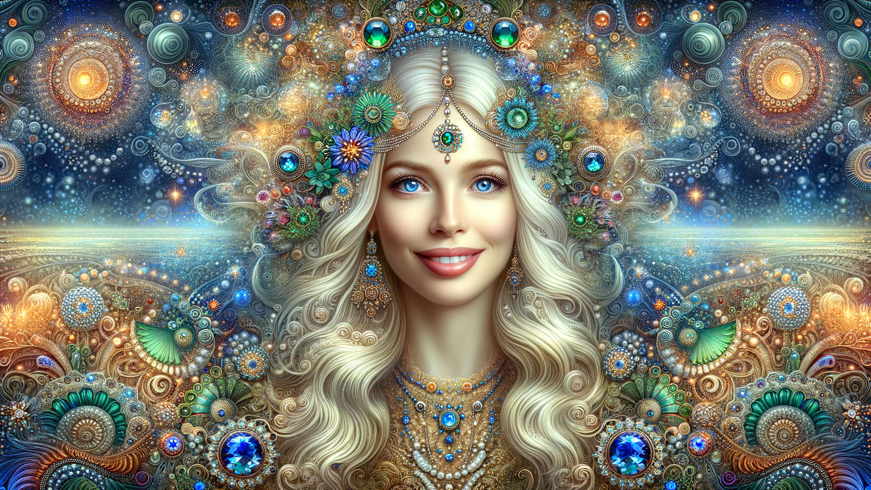 Radiant Woman with Silver Hair and Cosmic Background