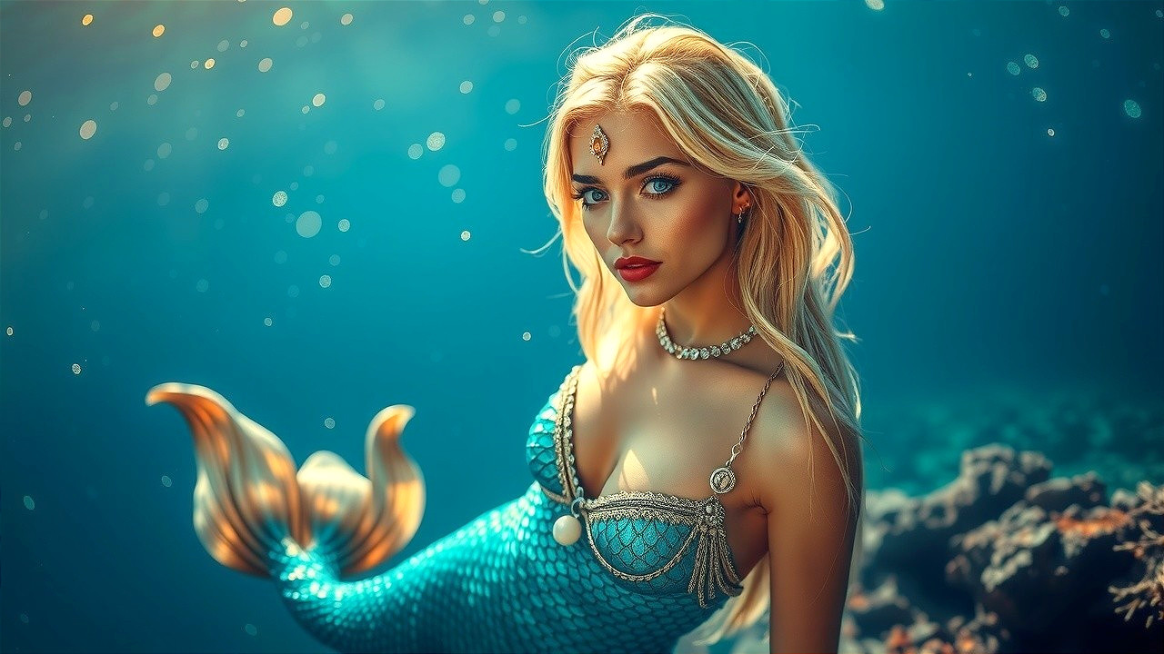 Underwater Scene Featuring a Mermaid with Turquoise Tail