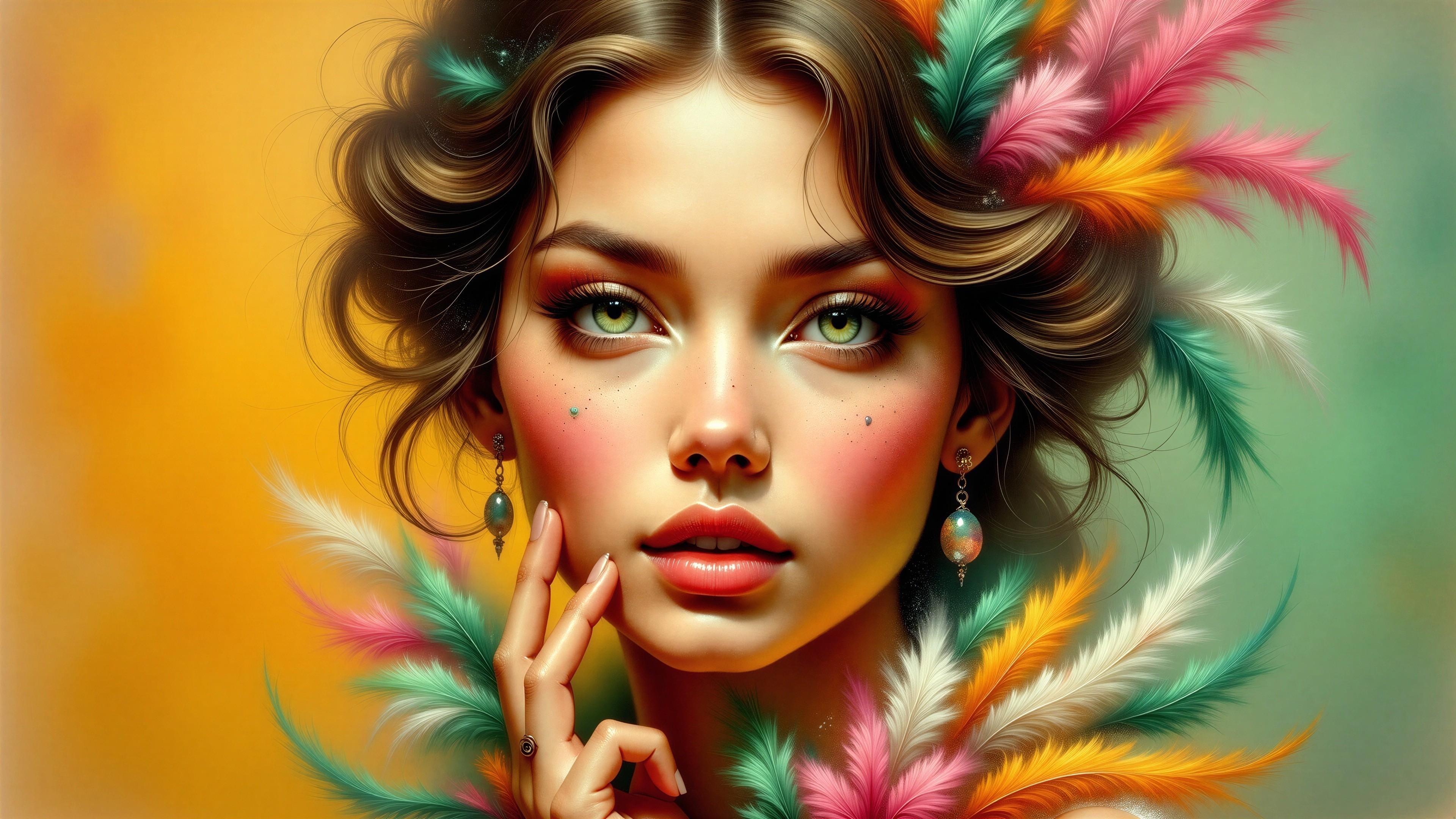 Portrait of a Young Woman with Green Eyes and Feathers