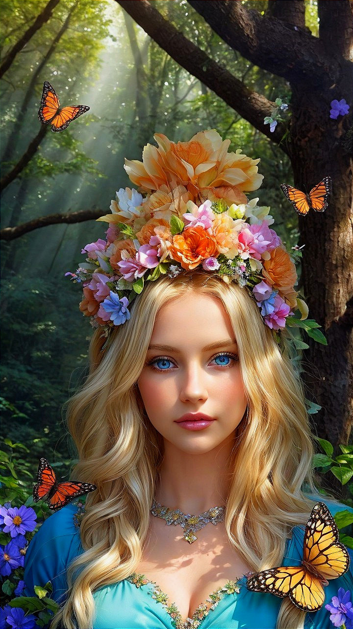 Young woman in floral crown in sunlit forest