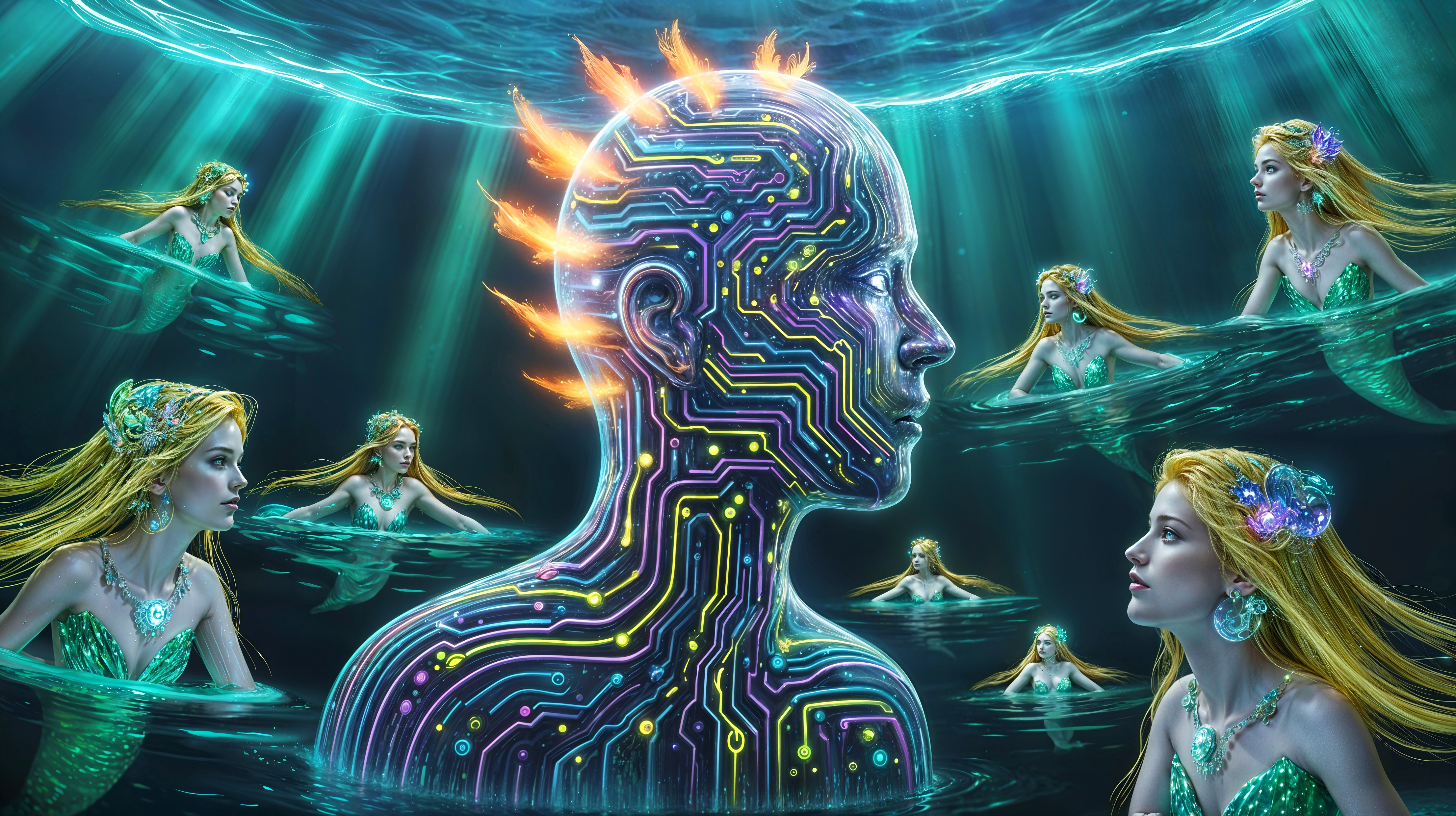 Humanoid Figure and Mermaids in Underwater Scene