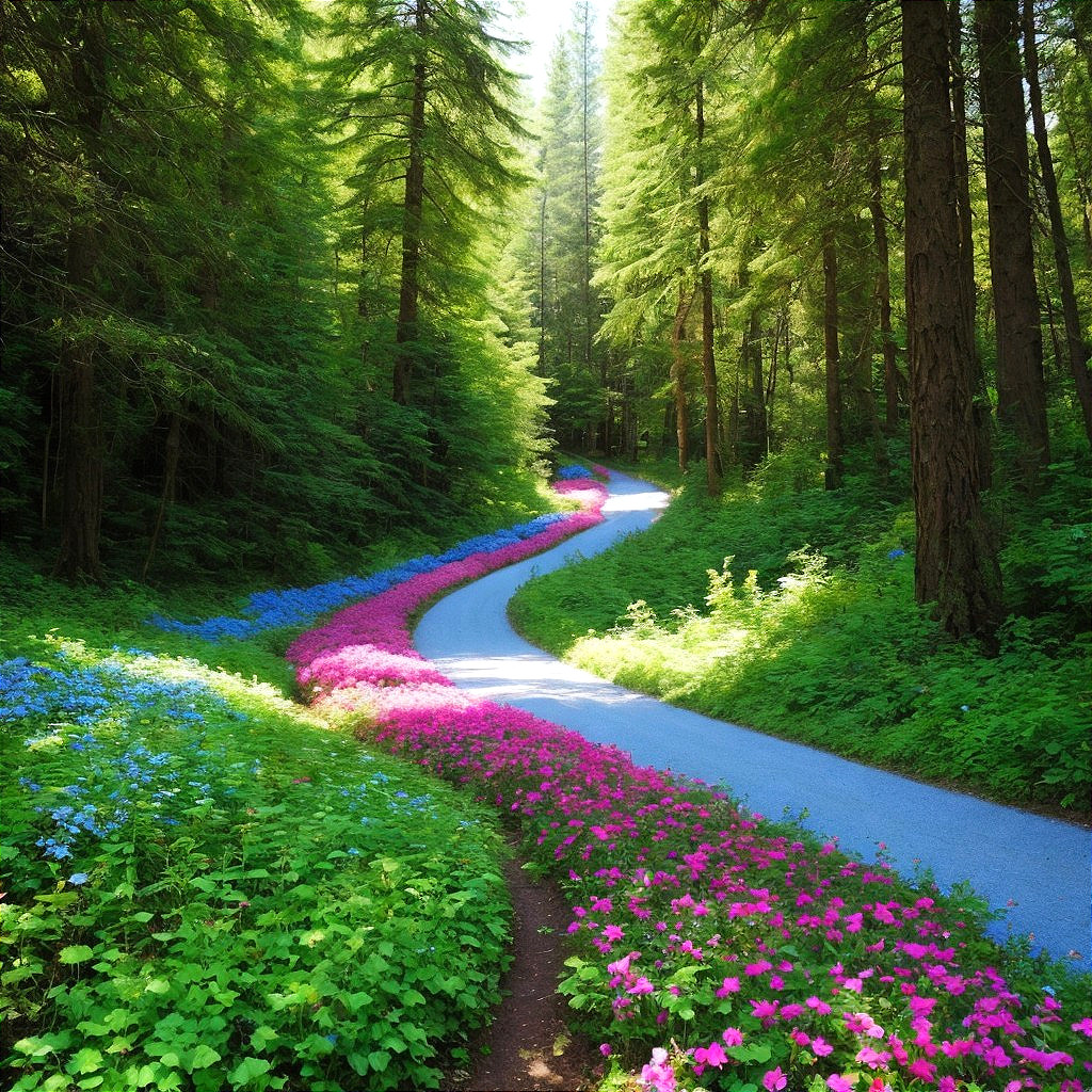 Serene forest pathway with vibrant flowers and sunlight