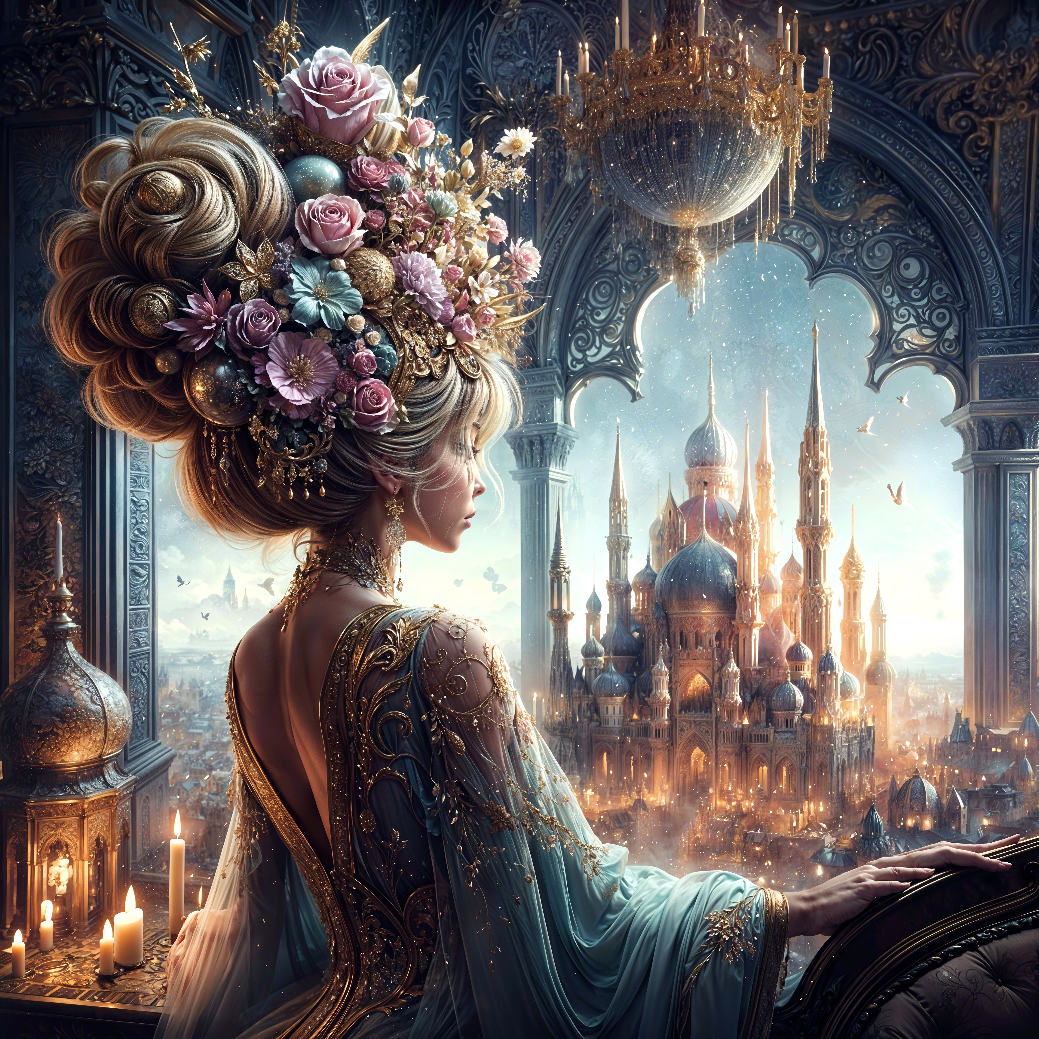 Regal figure with floral headdress by ornate palace window
