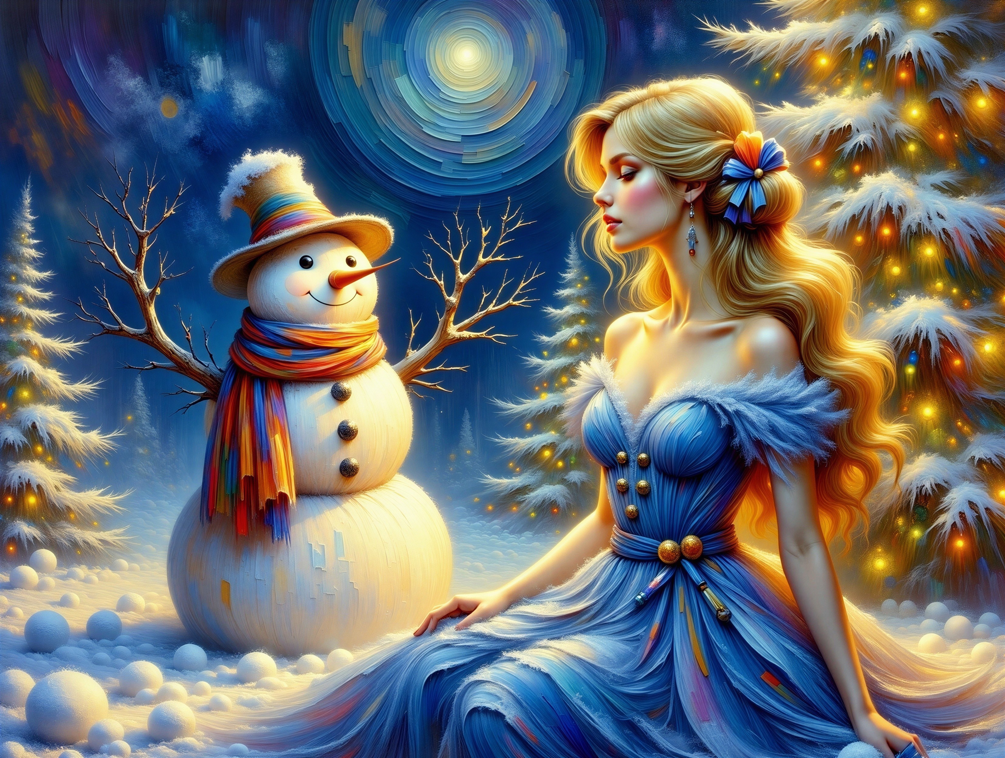 Whimsical Winter Scene with Woman and Snowman