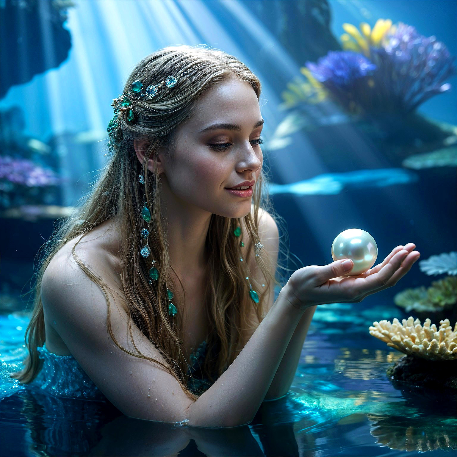 Underwater Scene with Young Woman and Luminous Pearl
