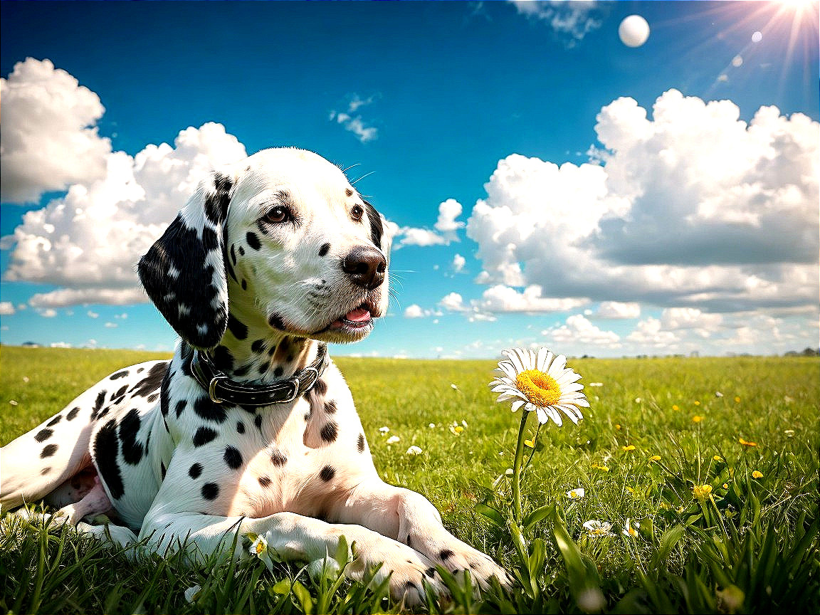 Dalmatian Puppy on Green Field with Colorful Flowers