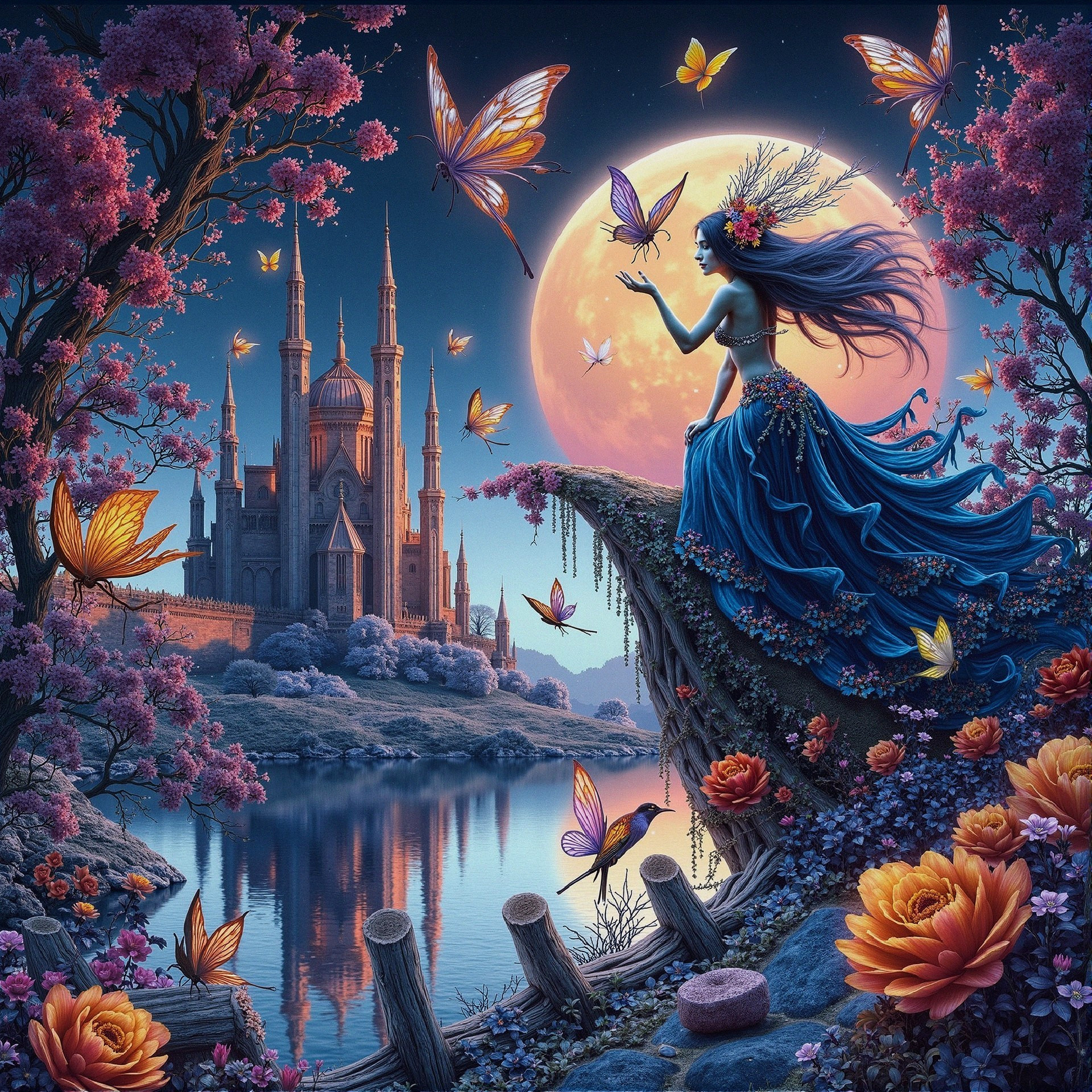 Twilight Scene with Serene Figure and Butterflies