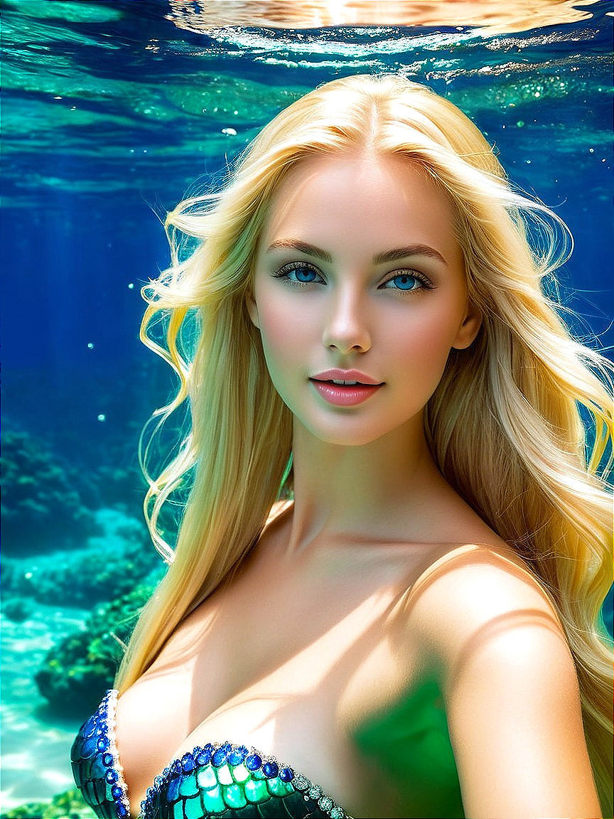 Mermaid with Blonde Hair in Vibrant Underwater Scene