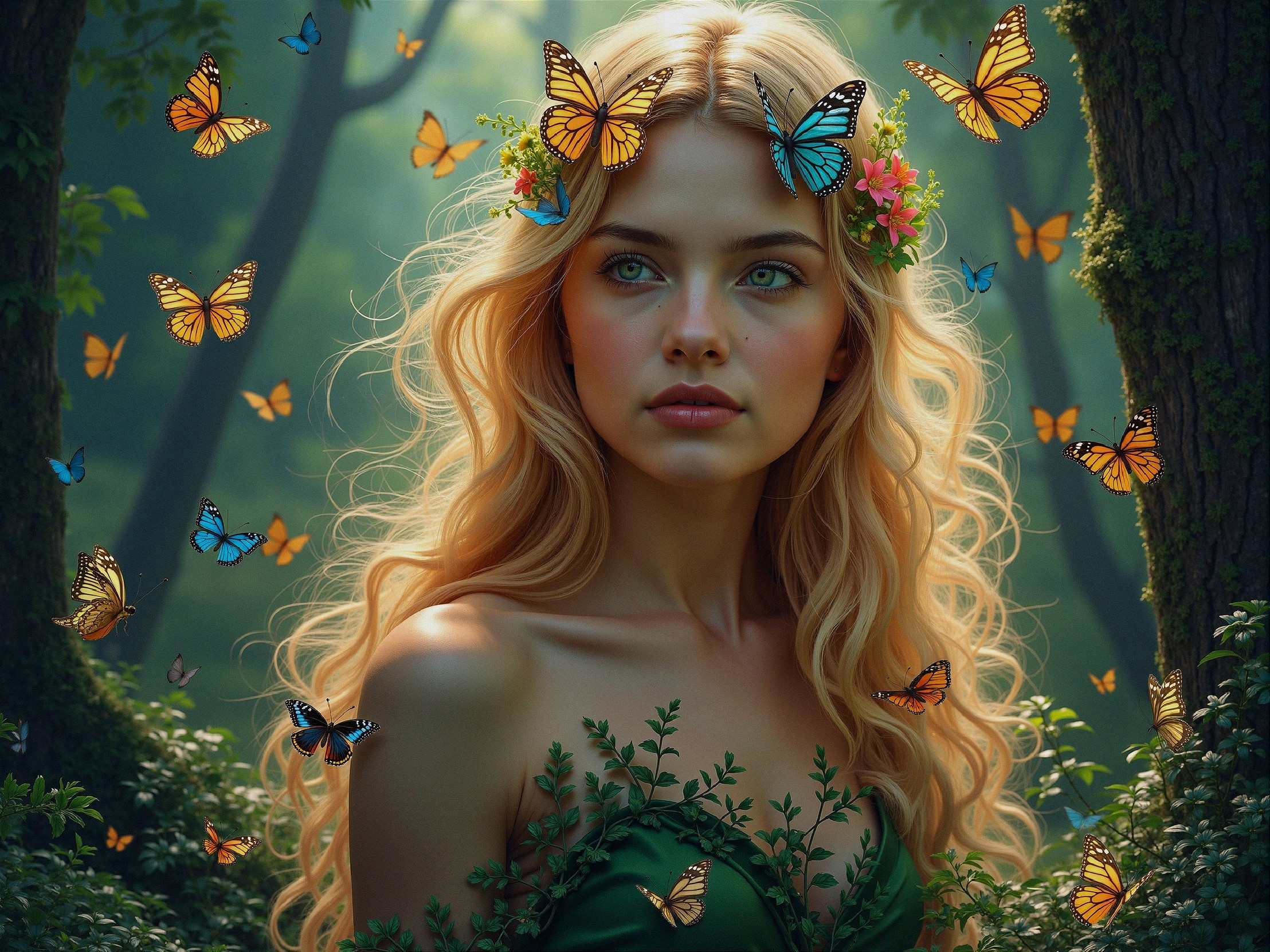 Young Woman in Enchanted Forest with Butterflies