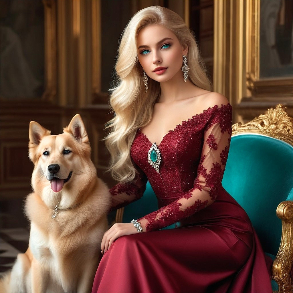 Elegant Woman in Red Gown with Fluffy Dog in Luxe Setting