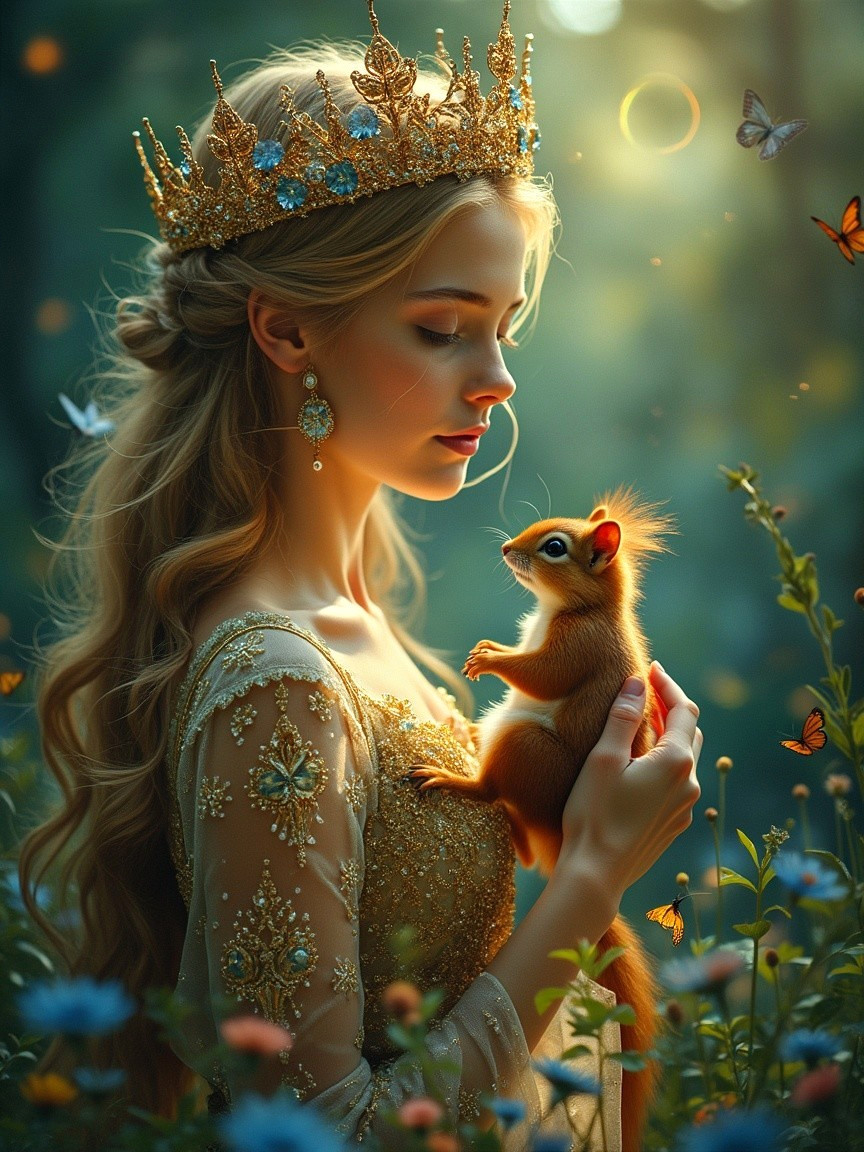 Young woman in crown with squirrel in forest setting