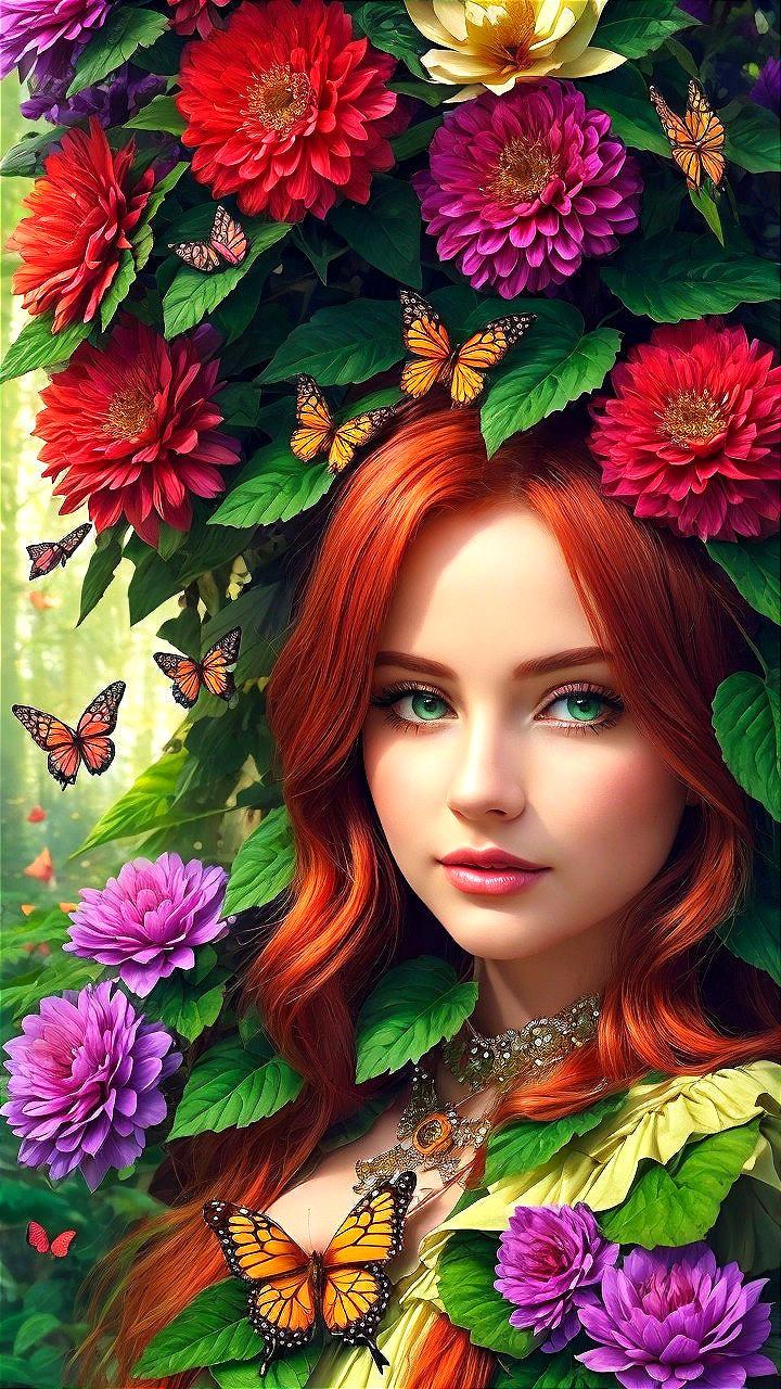Young woman with red hair amid vibrant flowers and butterflies