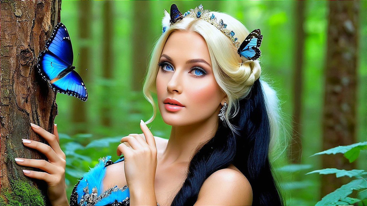 Whimsical Forest Scene with Striking Woman and Butterfly