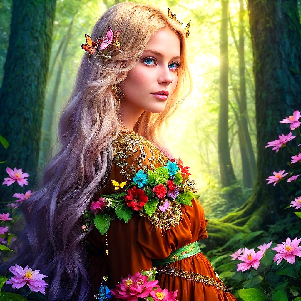 Serene forest scene with a woman in floral gown