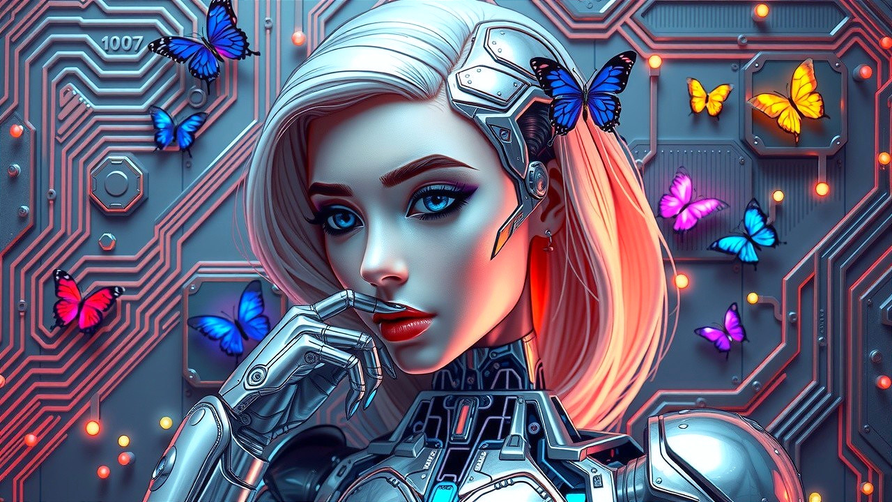 Futuristic Portrait of a Female Robot with Butterflies