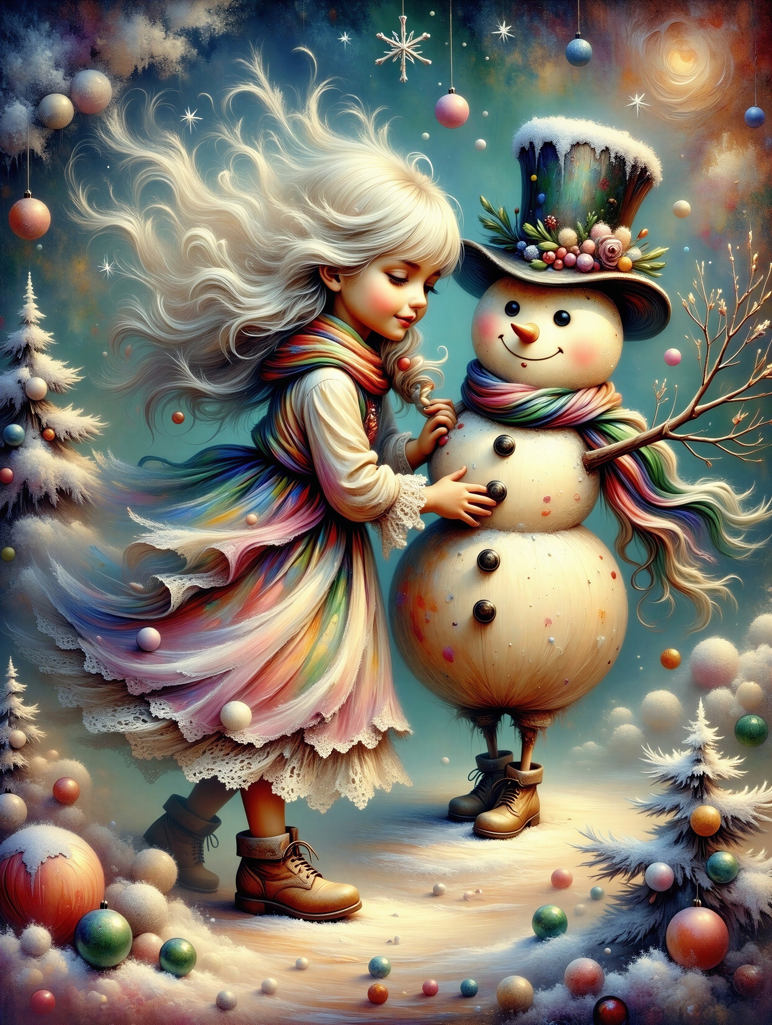 Whimsical Winter Scene with Girl and Snowman